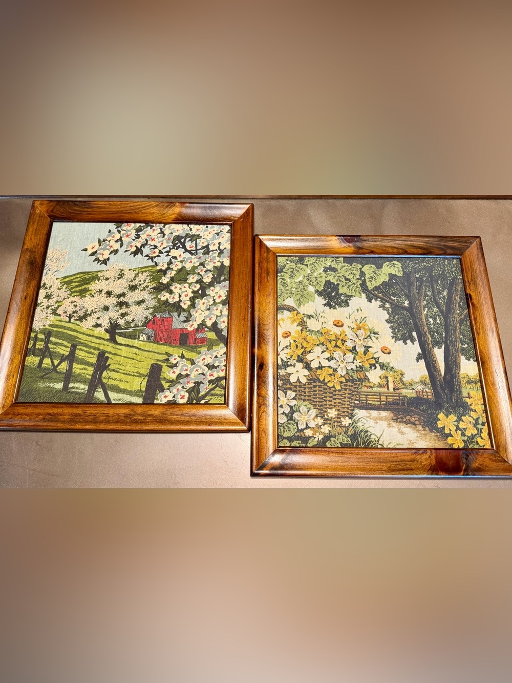 Set of 2 Vintage 60s Floral Farmhouse Linen Prints - Wood Frames Kay Dee hand